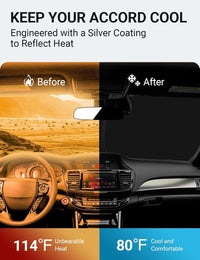 2014-2017 Honda Accord windshield sun shade keeps car interior cool, before and after comparison