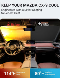 2016-2023 Mazda CX-9 windshield sun shade keeps car interior cool, before and after comparison