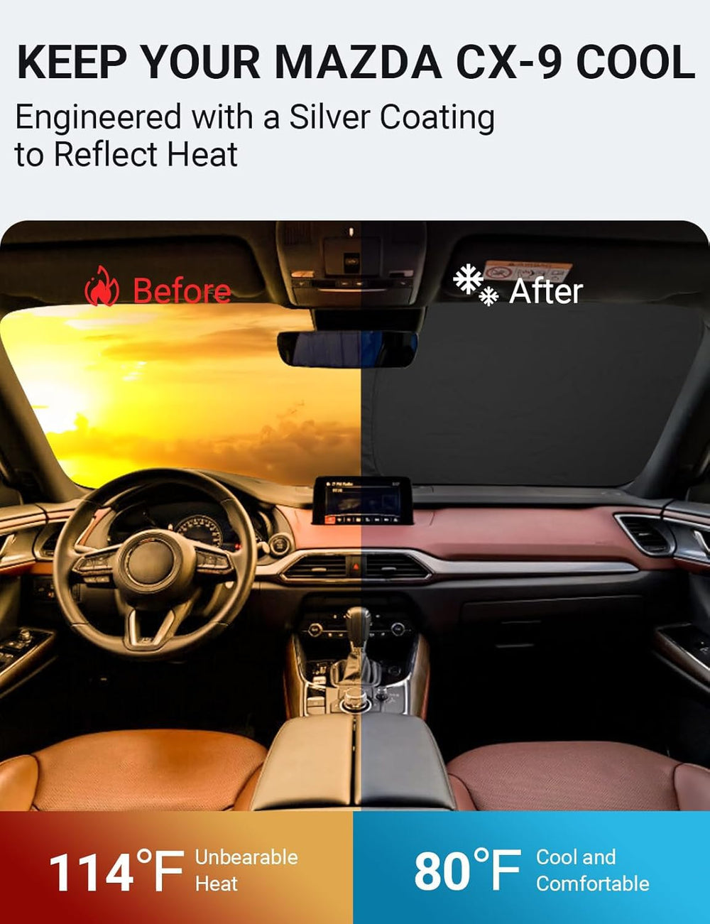 Proadsy 2025 Upgrade Windshield Sun Shade Custom Fit Mazda CX-9 CX9 2016-2024 2025 4-Layer Foldable Front Sunshade Protector Sun Visor Blocks UV Rays Keep Car Cooler