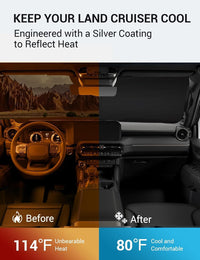 2024-2026 Toyota Land Cruiser windshield sun shade keeps car interior cool, before and after comparison
