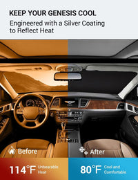 2015-2016 Hyundai Genesis windshield sun shade keeps car interior cool, before and after comparison