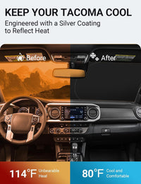 2016-2023 Toyota Tacoma windshield sun shade keeps car interior cool, before and after comparison