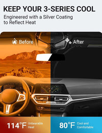 2019-2025 BMW 3 Series windshield sun shade keeps car interior cool, before and after comparison