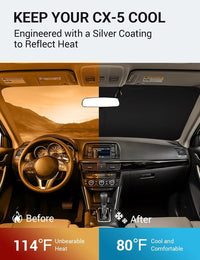 2013-2016 Mazda CX-5 windshield sun shade keeps car interior cool, before and after comparison