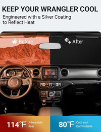 2018-2025 Jeep Wrangler JL JLU windshield sun shade keeps car interior cool, before and after comparison