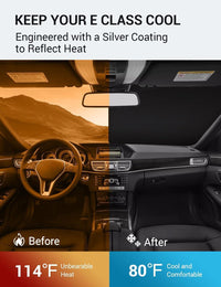 2010-2016 Mercedes-Benz CLA windshield sun shade keeps car interior cool, before and after comparison