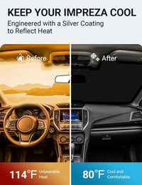 2015-2025 Subaru Impreza windshield sun shade keeps car interior cool, before and after comparison