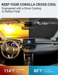 2022-2026 Toyota Corolla Cross windshield sun shade keeps car interior cool, before and after comparison