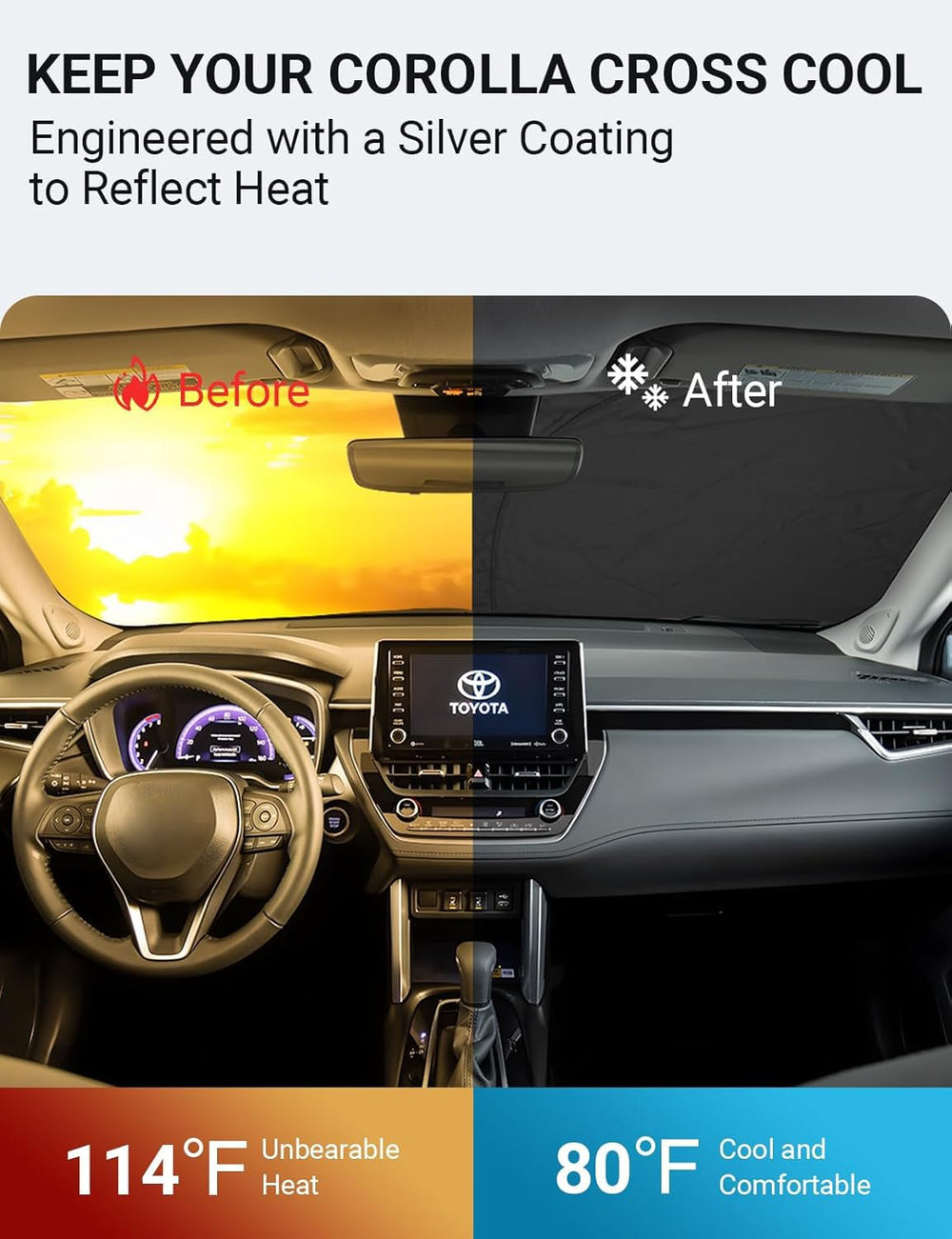 Proadsy 2026 Upgrade Windshield Sunshade Custom Fit 2022-2025 Corolla Cross (Not for Corolla) Reflective Heat Sun UV Protector Foldable Front Window Shade Accessories