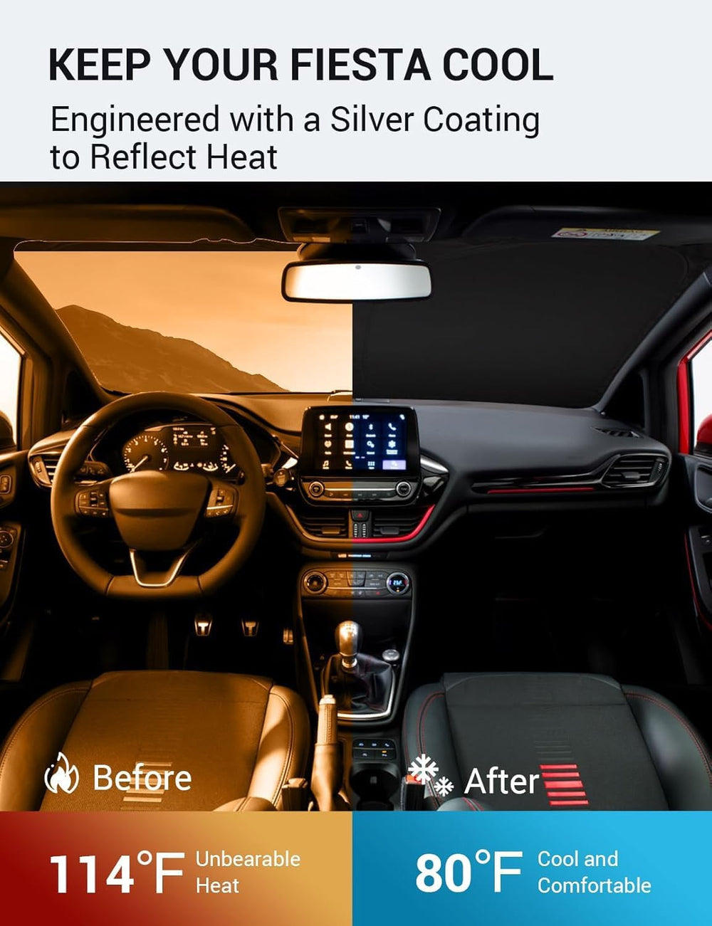 Proadsy 2026 Upgrade Windshield Sun Shade Custom Fit 2017-2019 Ford Fiesta Foldable Front Sunshade Protector Sun Visor Blocks UV Rays Keep Car Cooler