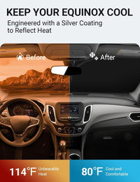 2018-2024 Chevrolet Equinox windshield sun shade keeps car interior cool, before and after comparison