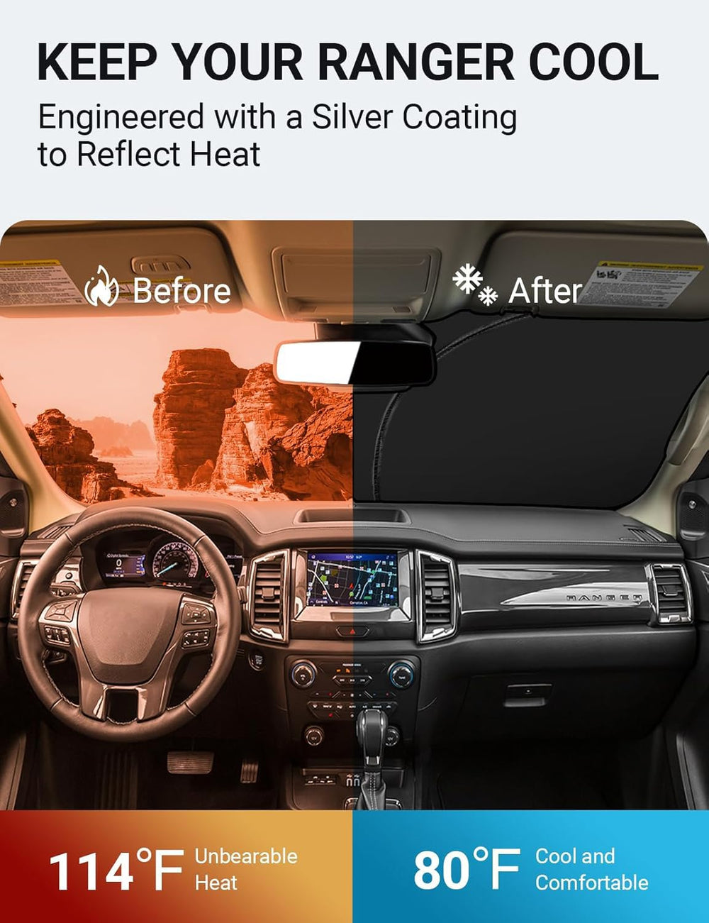 Proadsy Front Windshield Sun Shade Foldable Sunshade Protector Custom Fit 2019-2024 2025 Ford Ranger, XL, XLT, Lariat Accessories 2025 Upgrade