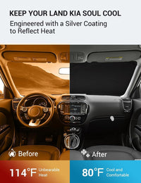 2014-2019 Kia Soul windshield sun shade keeps car interior cool, before and after comparison