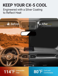 2017-2025 Mazda CX-5 windshield sun shade keeps car interior cool, before and after comparison
