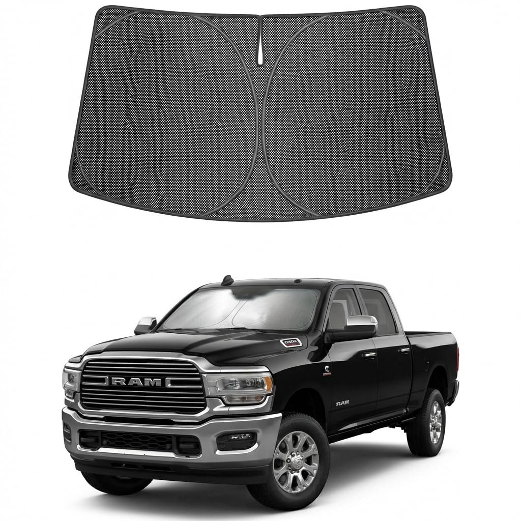 Proadsy Windshield Sun Shade Custom Fit Dodge RAM 2500 3500 2010-2026 Ice Crystal Black Front Window Sunshade UV and Heat Blocker Foldable Visor Keeps Car Cooler for Summer Parking and Daily Use