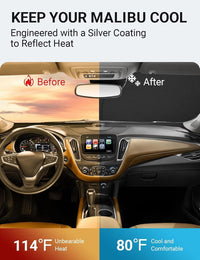 2016-2025 Chevrolet Malibu windshield sun shade keeps car interior cool, before and after comparison