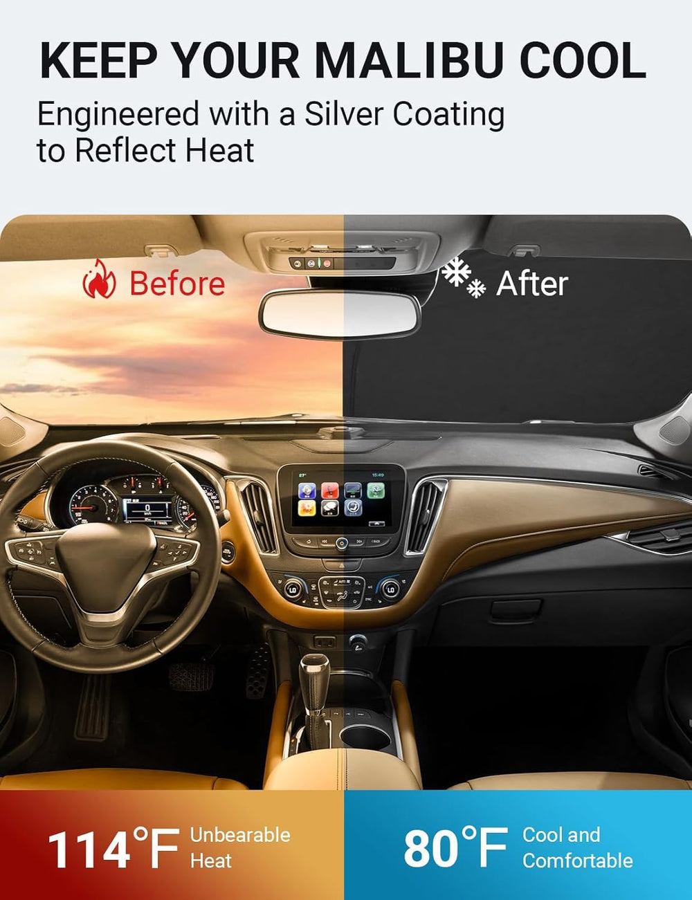 Proadsy Custom Fit Chevrolet Malibu 2016-2024 2025 Windshield Sun Shade 4-Layer Foldable Front Sunshade Protector Sun Visor Blocks UV Rays Keep Car Cooler