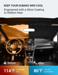 2008-2014 Subaru WRX windshield sun shade keeps car interior cool, before and after comparison