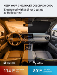 2023-2026 Chevrolet Colorado windshield sun shade keeps car interior cool, before and after comparison