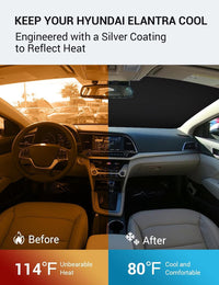 2017-2020 Hyundai Elantra windshield sun shade keeps car interior cool, before and after comparison