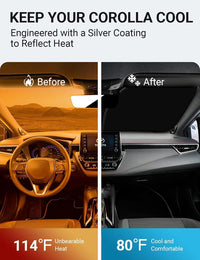 2014-2019 Toyota Corolla windshield sun shade keeps car interior cool, before and after comparison