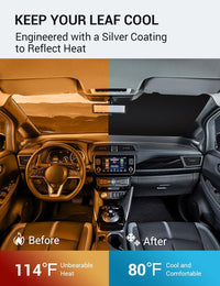 2018-2026 Nissan Leaf windshield sun shade keeps car interior cool, before and after comparison