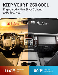 2008-2016 Ford Super Duty F-250 windshield sun shade keeps car interior cool, before and after comparison