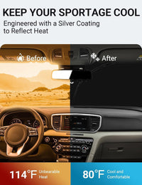 2017-2022 Kia Sportage GT-Line windshield sun shade keeps car interior cool, before and after comparison