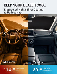 2019-2026 Chevrolet Blazer windshield sun shade keeps car interior cool, before and after comparison