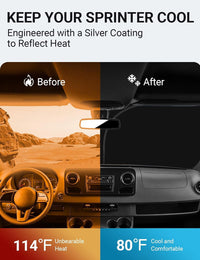 2007-2026 Freightliner Cargo Crew windshield sun shade keeps car interior cool, before and after comparison