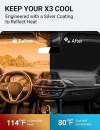 2018-2025 BMW X3 windshield sun shade keeps car interior cool, before and after comparison