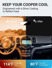2015-2024 MINI Cooper S windshield sun shade keeps car interior cool, before and after comparison