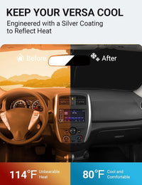 2015-2019 Nissan Versa windshield sun shade keeps car interior cool, before and after comparison