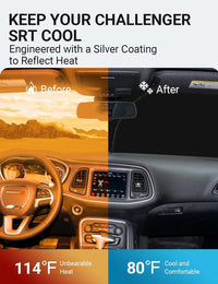 2015-2023 Dodge Challenger windshield sun shade keeps car interior cool, before and after comparison