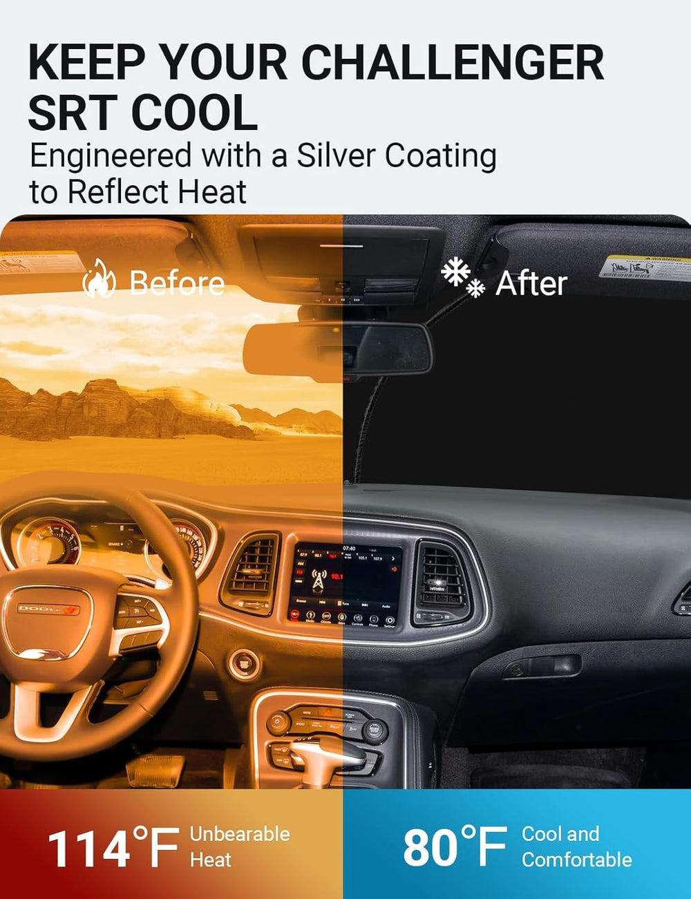 Proadsy 2025 Upgrade Windshield Sun Shade Custom Fit Dodge Challenger 2015-2024 2025 4-Layer Foldable Front Sunshade Protector Sun Visor Blocks UV Rays Keep Car Cooler