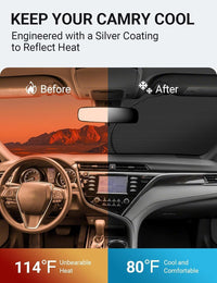 2018-2026 Toyota Camry windshield sun shade keeps car interior cool, before and after comparison