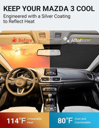 2014-2018 Mazda 3 windshield sun shade keeps car interior cool, before and after comparison