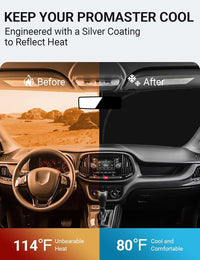2014-2026 Dodge Ram Promaster windshield sun shade keeps car interior cool, before and after comparison