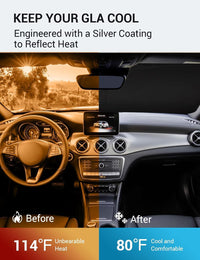2015-2020 Mercedes-Benz GLA windshield sun shade keeps car interior cool, before and after comparison