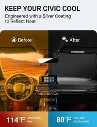 2022-2026 Honda Civic windshield sun shade keeps car interior cool, before and after comparison