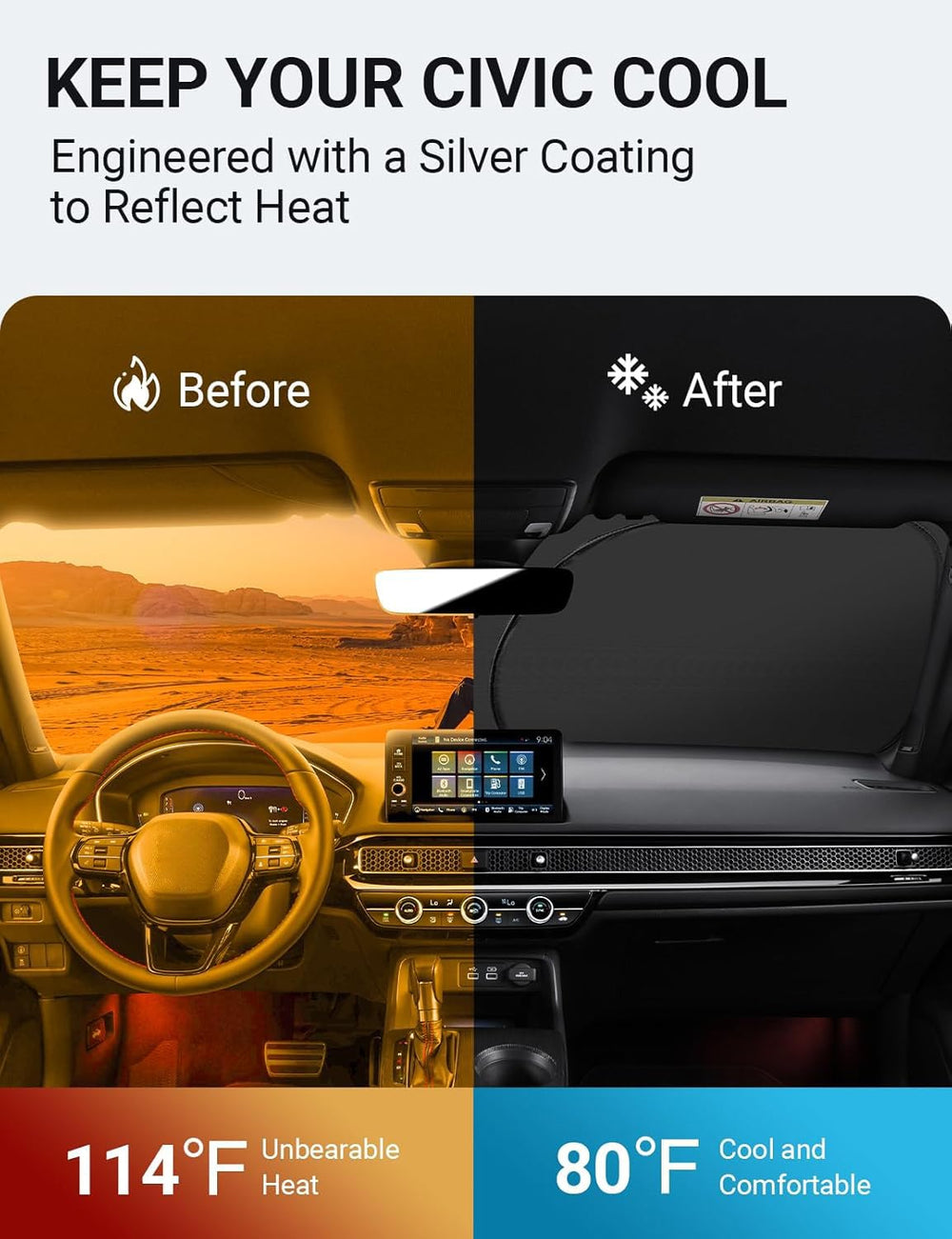 Proadsy 2025 Upgrade Windshield Sun Shade Custom Fit Honda Civic 2022-2024 2025 (Not for 2022 Sport) 4-Layer Foldable Front Sunshade Protector Sun Visor Blocks UV Rays Keep Car Cooler