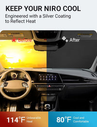 2017-2022 Kia Niro windshield sun shade keeps car interior cool, before and after comparison