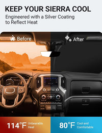 2019-2026 GMC Sierra windshield sun shade keeps car interior cool, before and after comparison