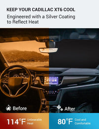 2020-2026 Cadillac XT6 windshield sun shade keeps car interior cool, before and after comparison