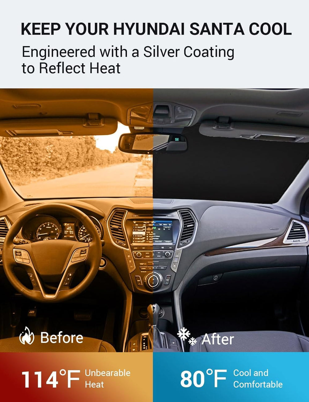 Proadsy 2025 Upgrade Windshield Sun Shade Custom Fit 2013-2018 Hyundai Santa Fe Foldable Front Sunshade Protector Sun Visor Blocks UV Rays Keep Car Cooler