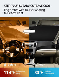 2010-2014 Subaru Outback windshield sun shade keeps car interior cool, before and after comparison
