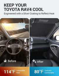 2006-2012 Toyota RAV4 windshield sun shade keeps car interior cool, before and after comparison