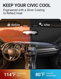 2016-2021 Honda Civic windshield sun shade keeps car interior cool, before and after comparison