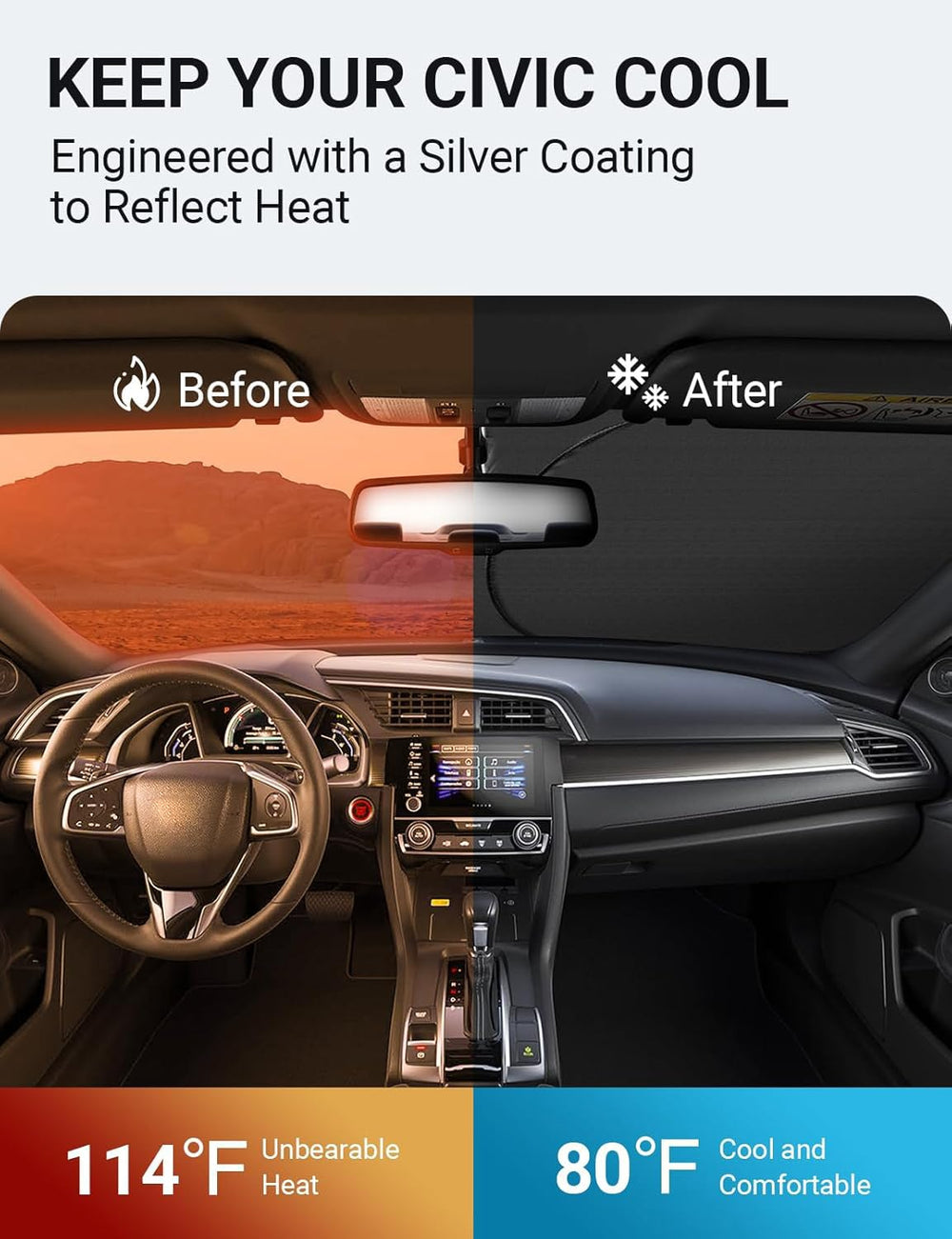 Proadsy 2025 Upgrade Windshield Sun Shade Custom Fit Honda Civic 2016-2021 4-Layer Foldable Front Sunshade Protector Sun Visor Blocks UV Rays Keep Car Cooler Accessories