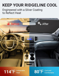 2017-2026 Honda Ridgeline windshield sun shade keeps car interior cool, before and after comparison